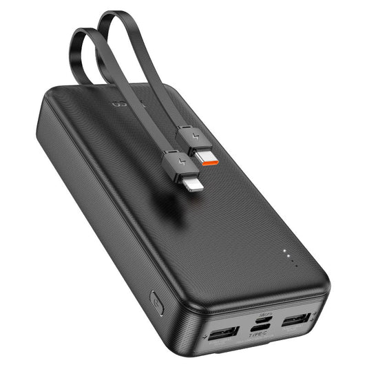Mobile power bank (J118A)with 10000mAh capacity. Type-C and Micro-USB inputs. Dual USB-A port, built-in cables for Lightning and Type-C outputs. LED indicator of power level. Ultra-thin.