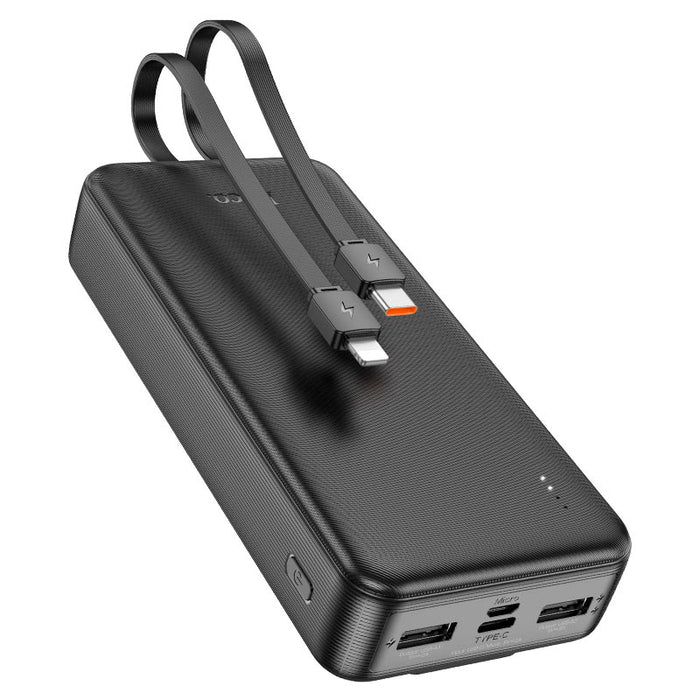 Mobile power bank (J118A)with 10000mAh capacity. Type-C and Micro-USB inputs. Dual USB-A port, built-in cables for Lightning and Type-C outputs. LED indicator of power level. Ultra-thin.