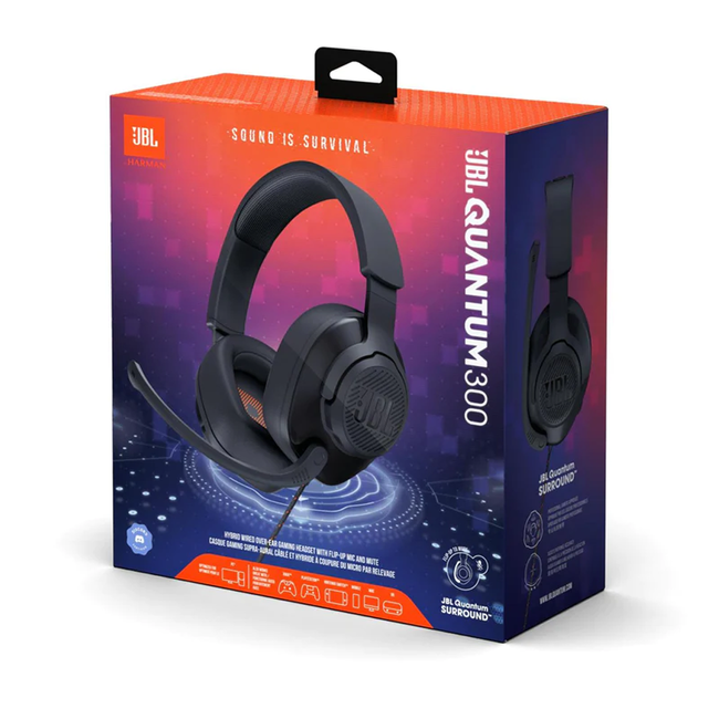 Casque de jeu supra-auriculaire filaire JBL Quantum 200 avec micro rabattable, câble audio 3,5 mm et répartiteur PC - Noir