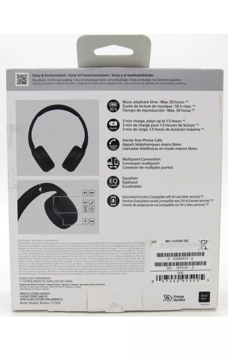 Sony WH-CH520 Wireless Headphones Bluetooth On-Ear Headset with Microphone, Black