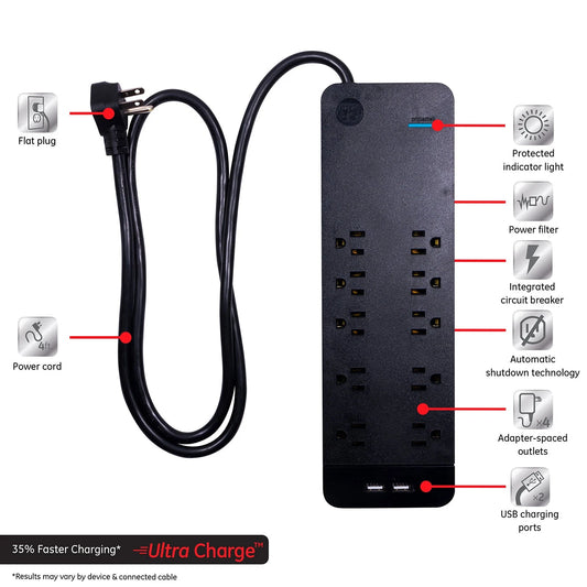 GE Pro 10-Outlet Surge Protector, 2 USB Ports, 6ft Cord, 3540 Joules- Black DN010997