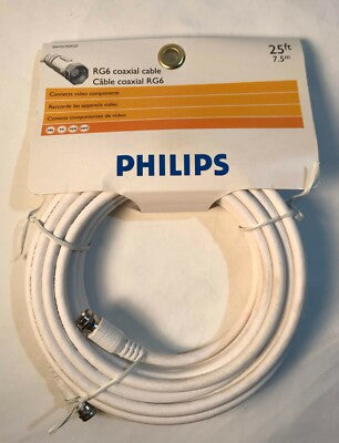25FT Philips RG6 White Coaxial Cable(SWV2175W/27) Shielded Cable/TV/VCR/Antenna