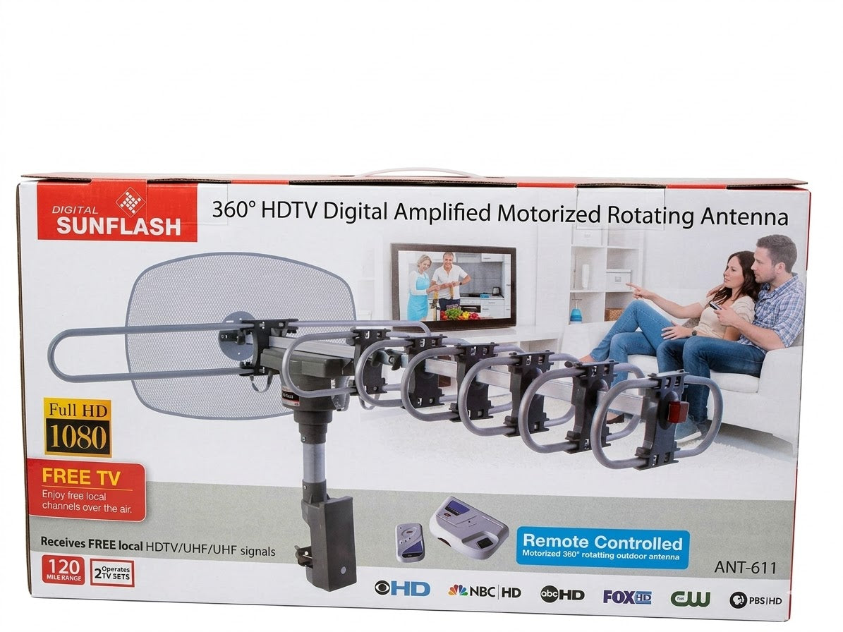 Digital Sunflash ANT-611 360° Motorized Rotating HDTV Antenna – 120-Mile Range & Full HD 1080p