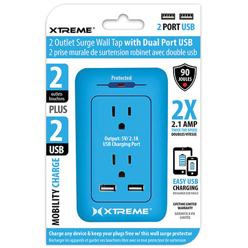 Xtreme 2 Outlet Surge Wall Tap with Dual Port USB